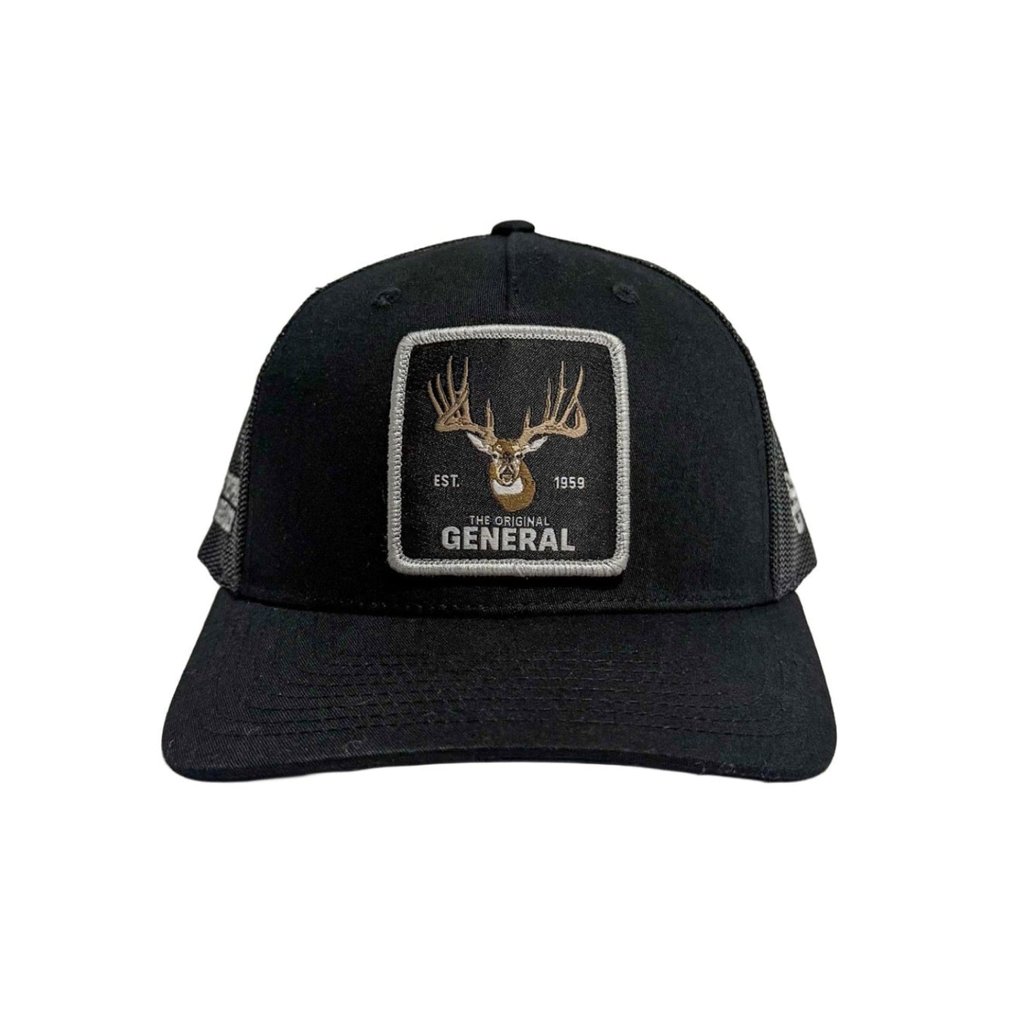 Black Hat with a whitetail deer emblem and The General branding 