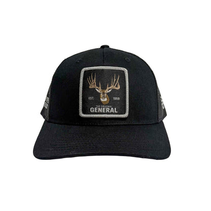 Black Hat with a whitetail deer emblem and The General branding 