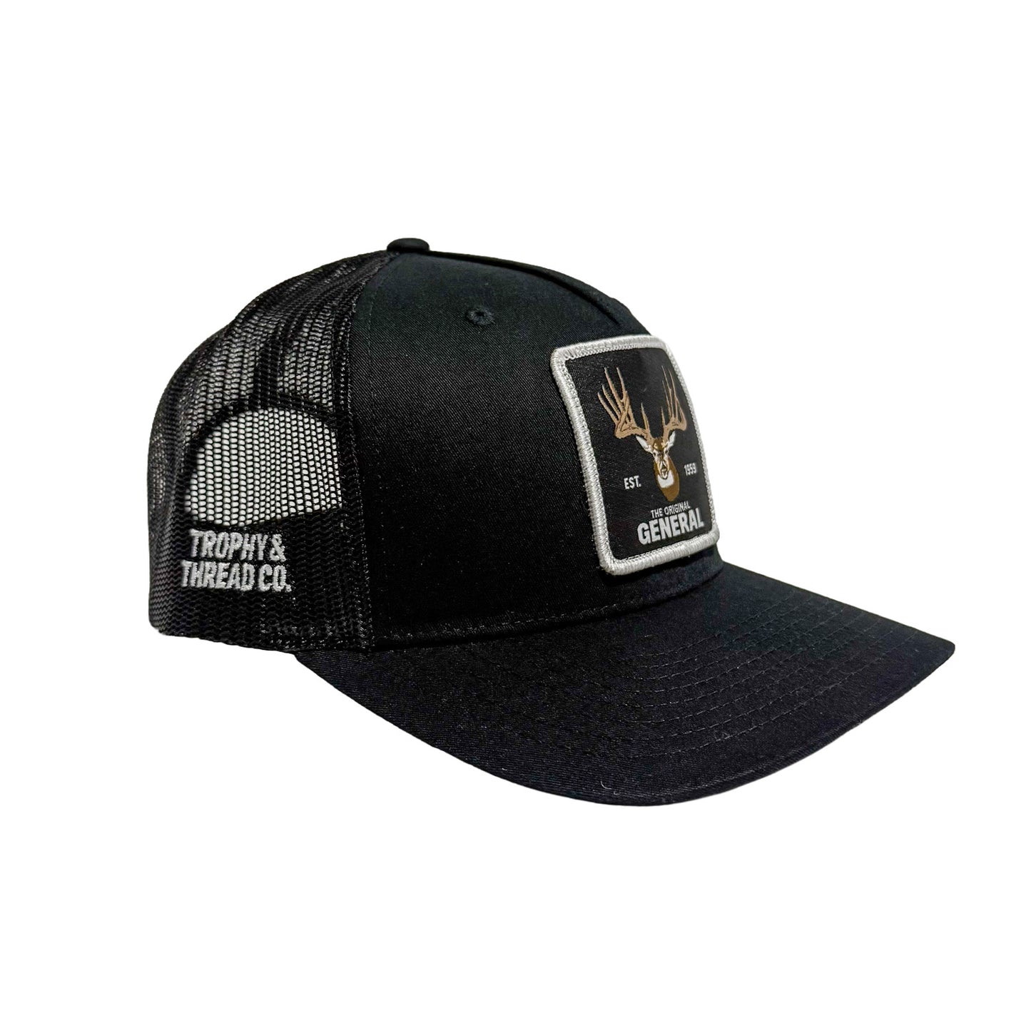 Black trucker cap with mesh back and embroidered Trophy & Thread Co on the side